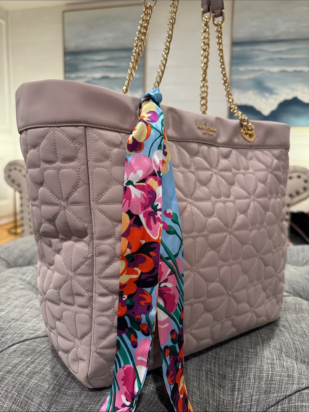 kate spade Bag Flower Cozy Quilted Light Blush Nylon Tote with Gold Chain Handle - Picture 3 of 17